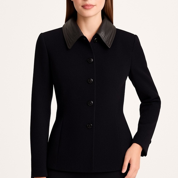 Black Lambskin Santana Knit  Blazer with removable leather collar - Picture 1 of 8